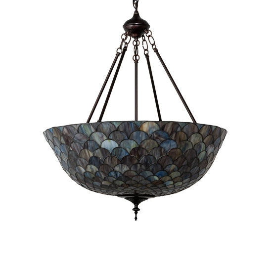 Meyda Tiffany Fishscale 24" Mahogany Bronze Inverted Pendant Light With Blue & Beige Shade Glass