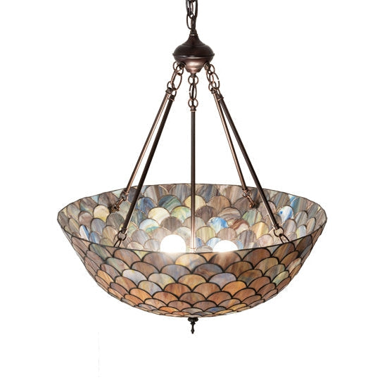 Meyda Tiffany Fishscale 24" Mahogany Bronze Inverted Pendant Light With Blue & Beige Shade Glass