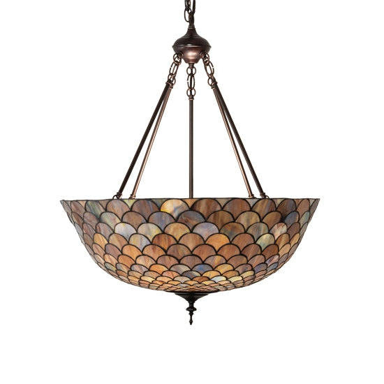 Meyda Tiffany Fishscale 24" Mahogany Bronze Inverted Pendant Light With Blue & Beige Shade Glass