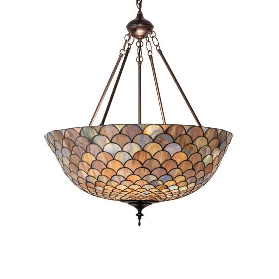 Meyda Tiffany Fishscale 24" Mahogany Bronze Inverted Pendant Light With Blue & Beige Shade Glass