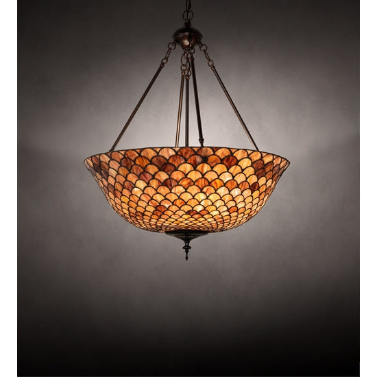 Meyda Tiffany Fishscale 24" Mahogany Bronze Inverted Pendant Light With Coral & Beige Shade Glass