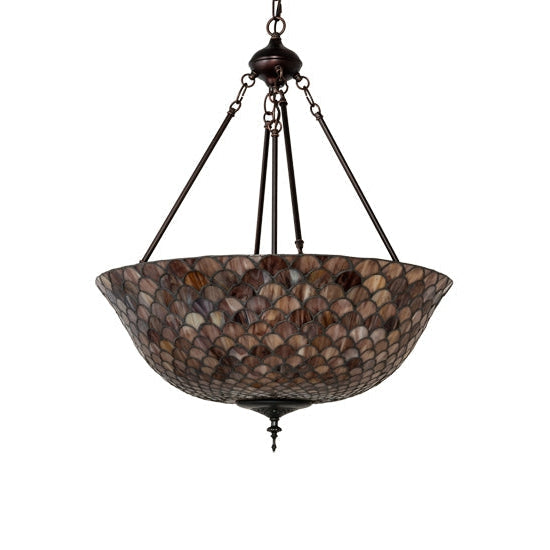 Meyda Tiffany Fishscale 24" Mahogany Bronze Inverted Pendant Light With Coral & Beige Shade Glass