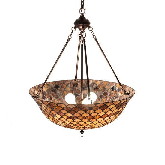 Meyda Tiffany Fishscale 24" Mahogany Bronze Inverted Pendant Light With Coral & Beige Shade Glass