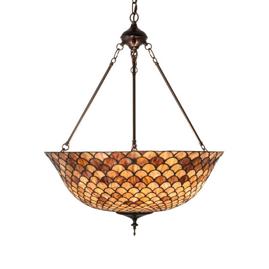 Meyda Tiffany Fishscale 24" Mahogany Bronze Inverted Pendant Light With Coral & Beige Shade Glass