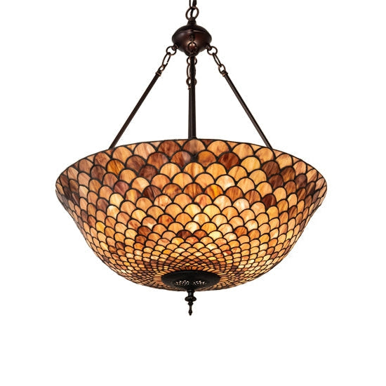 Meyda Tiffany Fishscale 24" Mahogany Bronze Inverted Pendant Light With Coral & Beige Shade Glass