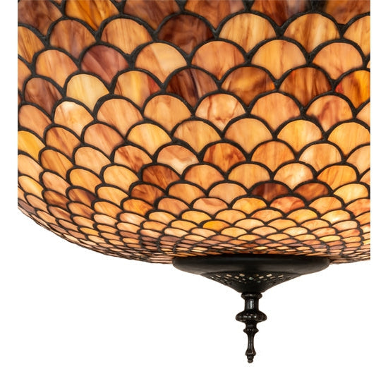 Meyda Tiffany Fishscale 24" Mahogany Bronze Inverted Pendant Light With Coral & Beige Shade Glass