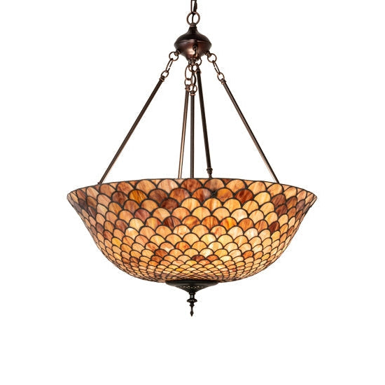 Meyda Tiffany Fishscale 24" Mahogany Bronze Inverted Pendant Light With Coral & Beige Shade Glass