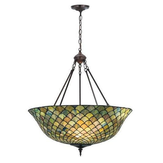 Meyda Tiffany Fishscale 24" Mahogany Bronze Inverted Pendant Light With Green & Blue Shade Glass