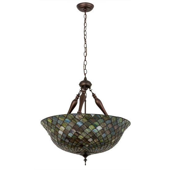 Meyda Tiffany Fishscale 24" Mahogany Bronze Inverted Pendant Light With Multi-Colored Shade Glass