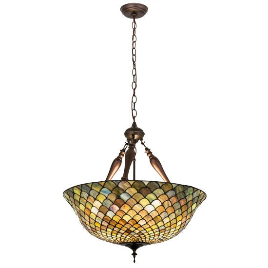 Meyda Tiffany Fishscale 24" Mahogany Bronze Inverted Pendant Light With Multi-Colored Shade Glass