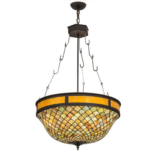 Meyda Tiffany Fishscale 25" Oil Rubbed Bronze Inverted Pendant Light With Multi-Colored Shade Glass