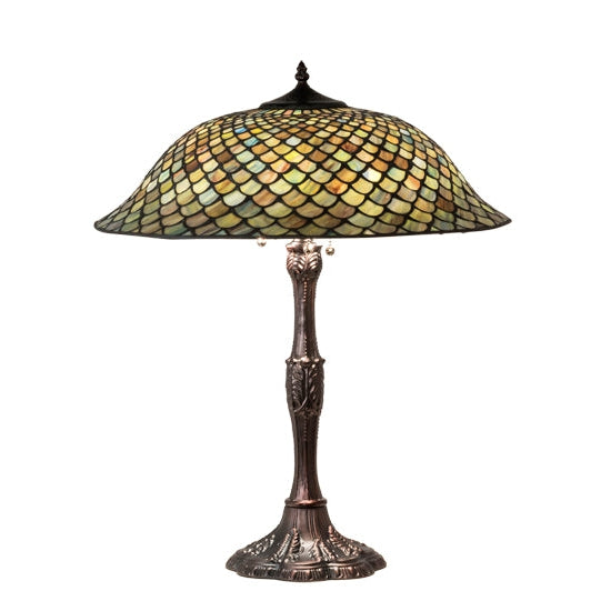 Meyda Tiffany Fishscale 26" Mahogany Bronze Table Lamp With Green & Beige Shade Glass