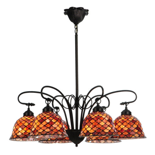 Meyda Tiffany Fishscale 31" 6-Light Mahogany Bronze Chandelier With Beige Shade Glass