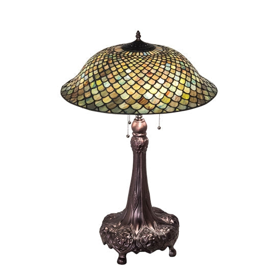 Meyda Tiffany Fishscale 31" Mahogany Bronze Table Lamp With Green & Beige Shade Glass