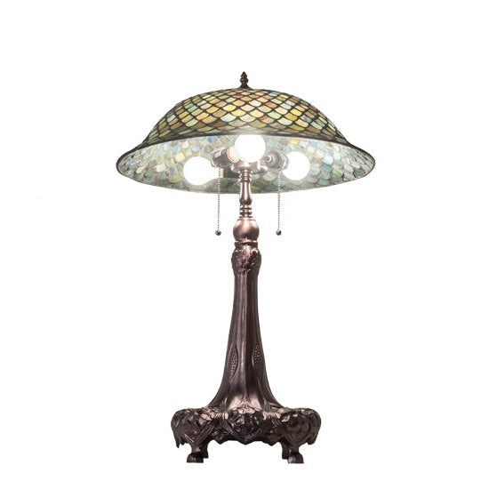 Meyda Tiffany Fishscale 31" Mahogany Bronze Table Lamp With Green & Beige Shade Glass