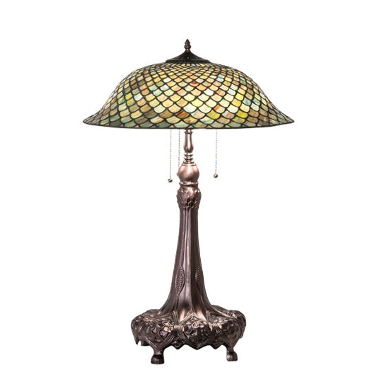 Meyda Tiffany Fishscale 31" Mahogany Bronze Table Lamp With Green & Beige Shade Glass