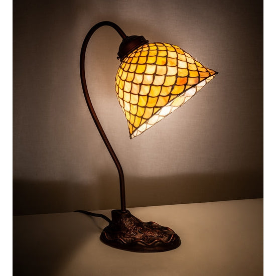 Meyda Tiffany Fishscale 8" Mahogany Bronze Desk Lamp With Beige Shade Glass