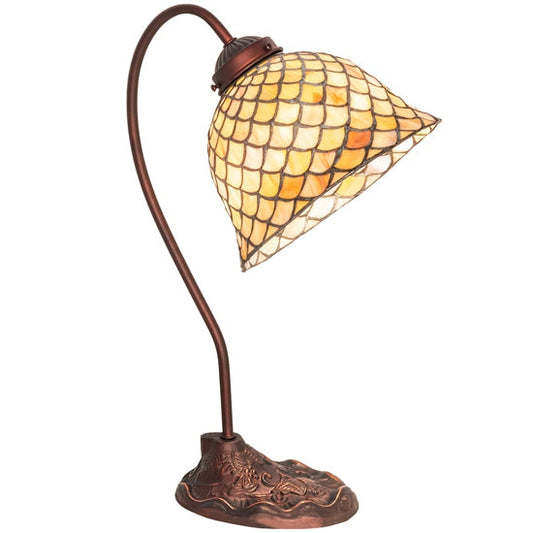 Meyda Tiffany Fishscale 8" Mahogany Bronze Desk Lamp With Beige Shade Glass