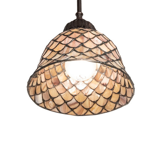 Meyda Tiffany Fishscale 8" Mahogany Bronze Mini Pendant Light With Beige Shade Glass