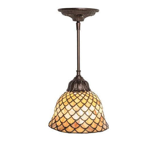 Meyda Tiffany Fishscale 8" Mahogany Bronze Mini Pendant Light With Beige Shade Glass