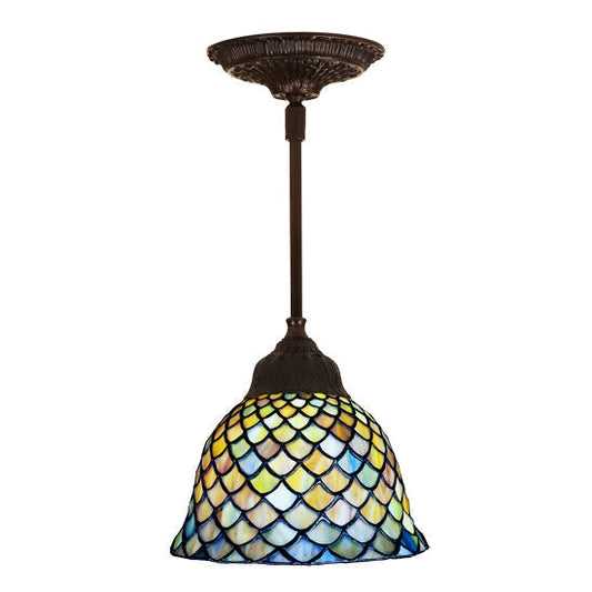 Meyda Tiffany Fishscale 8" Mahogany Bronze Mini Pendant Light With Multi-Colored Shade Glass