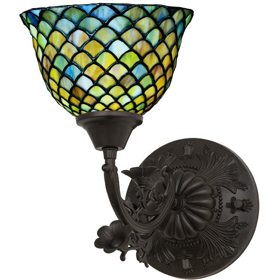 Meyda Tiffany Fishscale 8" Mahogany Bronze Wall Sconce With Green & Blue Shade Glass