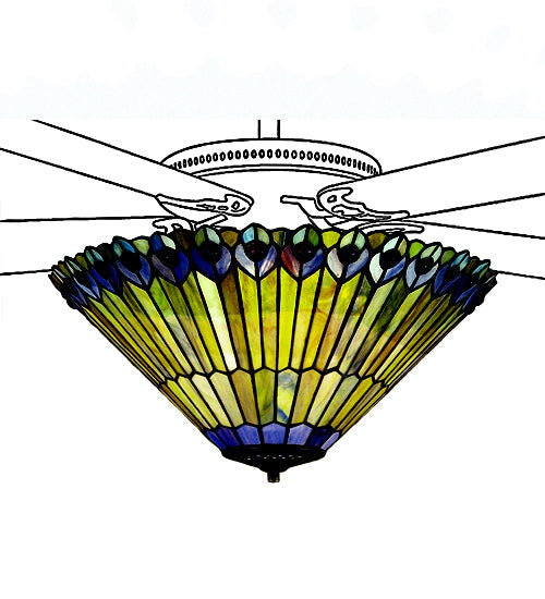 Meyda Tiffany Jeweled Peacock 17" 3-Light Silver Fan Light Fixture With Multi-Colored Shade Glass