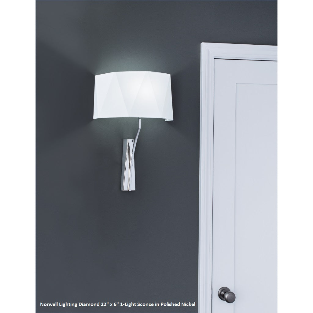 Norwell Lighting Diamond 1-Light Round Polished Nickel Steel Indoor Wall Sconce With White Fabric Shade