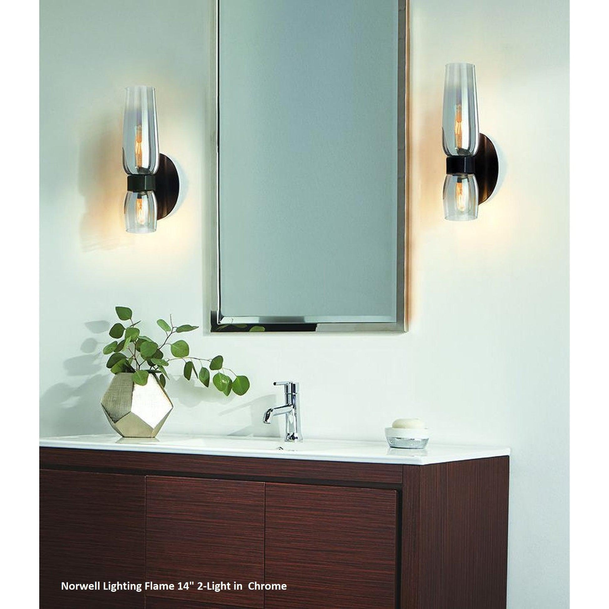 Norwell Lighting Flame 14" 2-Light Chrome Vanity Wall Sconce With Clear/Chrome Gradient Diffuser