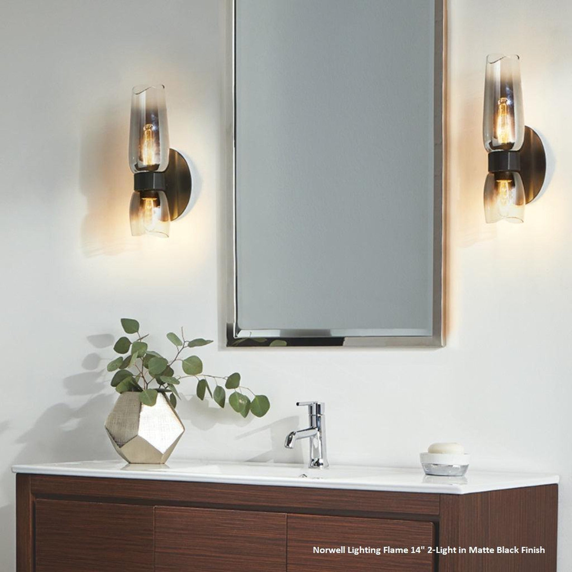 Norwell Lighting Flame 14" 2-Light Matte Black Vanity Wall Sconce With Clear/Chrome Gradient Diffuser