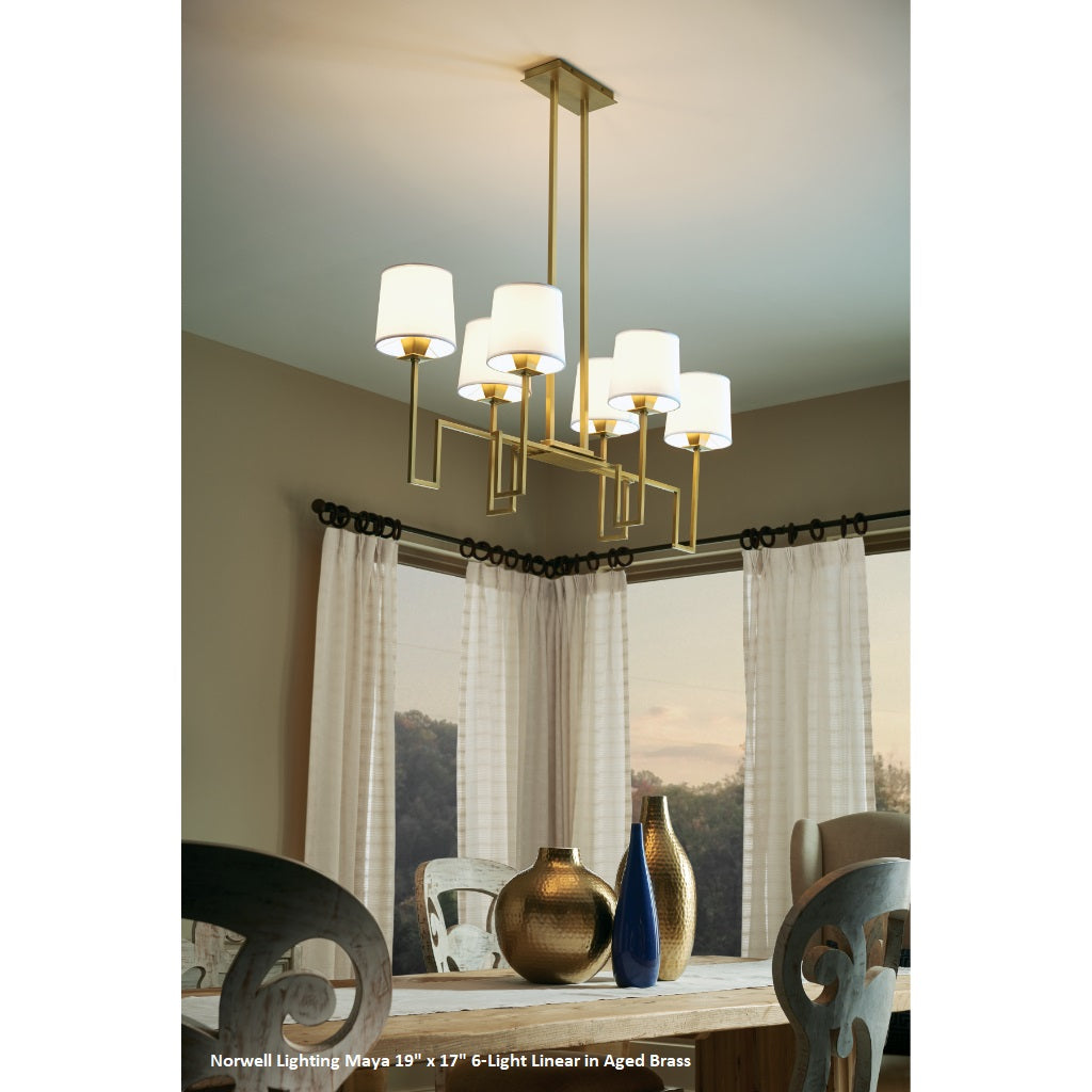 Norwell Lighting Maya 48" 6-Light Aged Brass Steel Linear Chandelier With White Fabric Shade