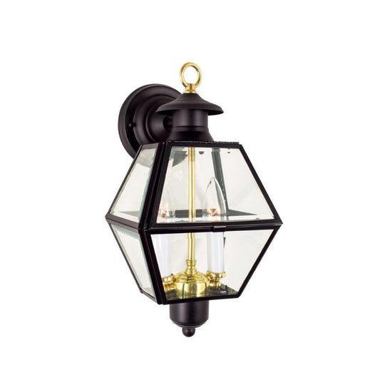Norwell Lighting Olde Colony 15" 2-Light Black Brass Small Outdoor Wall Light With Beveled Glass Diffuser