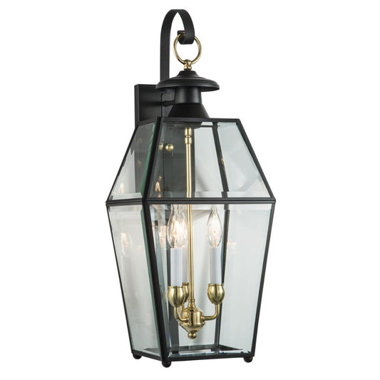 Norwell Lighting Olde Colony 28" 3-Light Black Brass Large Outdoor Wall Light With Beveled Glass Diffuser