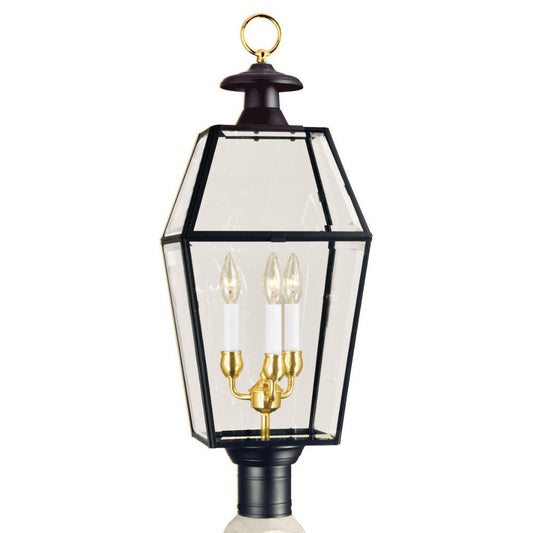 Norwell Lighting Olde Colony 30" 3-Light Black Brass Outdoor Post Light With Beveled Glass Diffuser