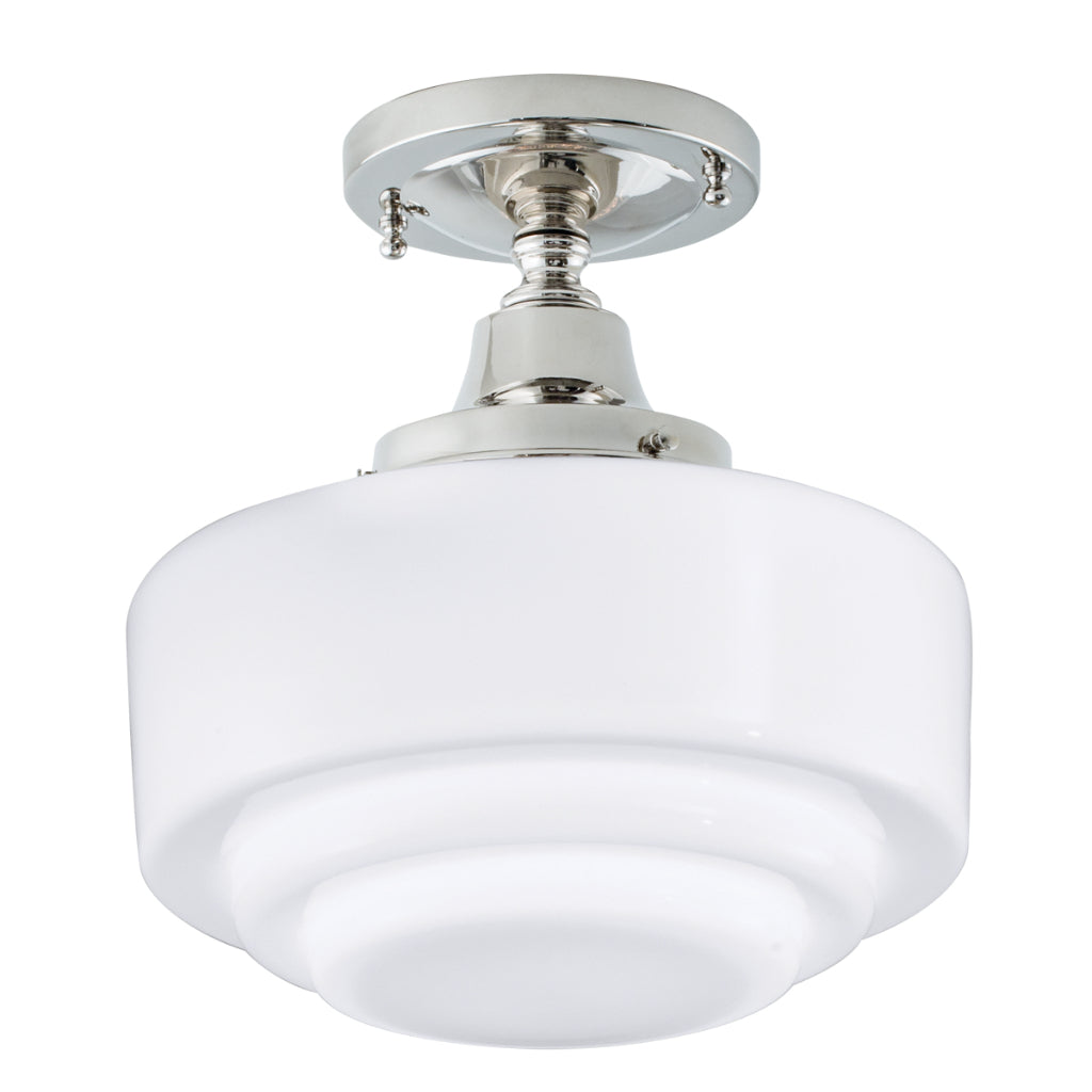 Norwell Lighting Schoolhouse 1-Light Polished Nickel Brass Flush Mount With Rounded Stepped Glass Shade