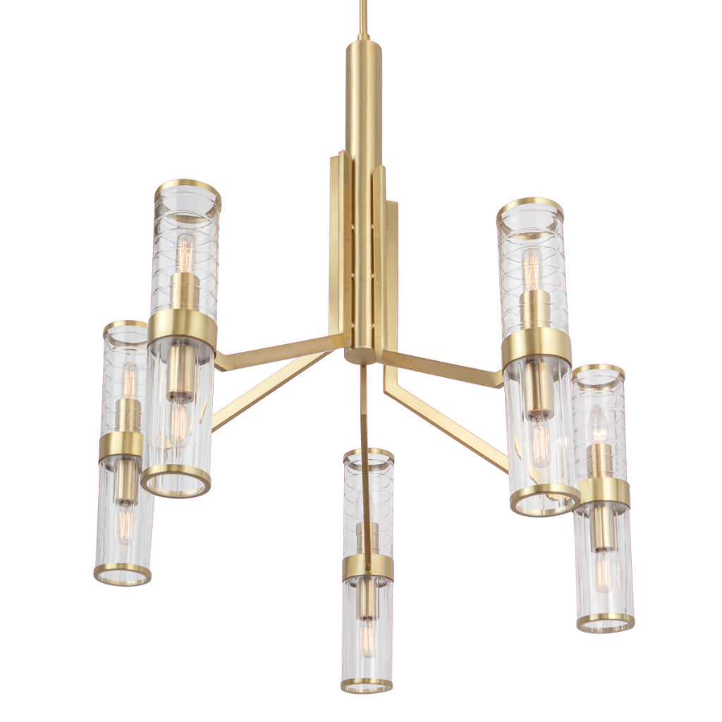 Norwell Lighting Stripe 32" 10-Light Satin Brass Steel Chandelier With Cylinder Clear Glass Shade