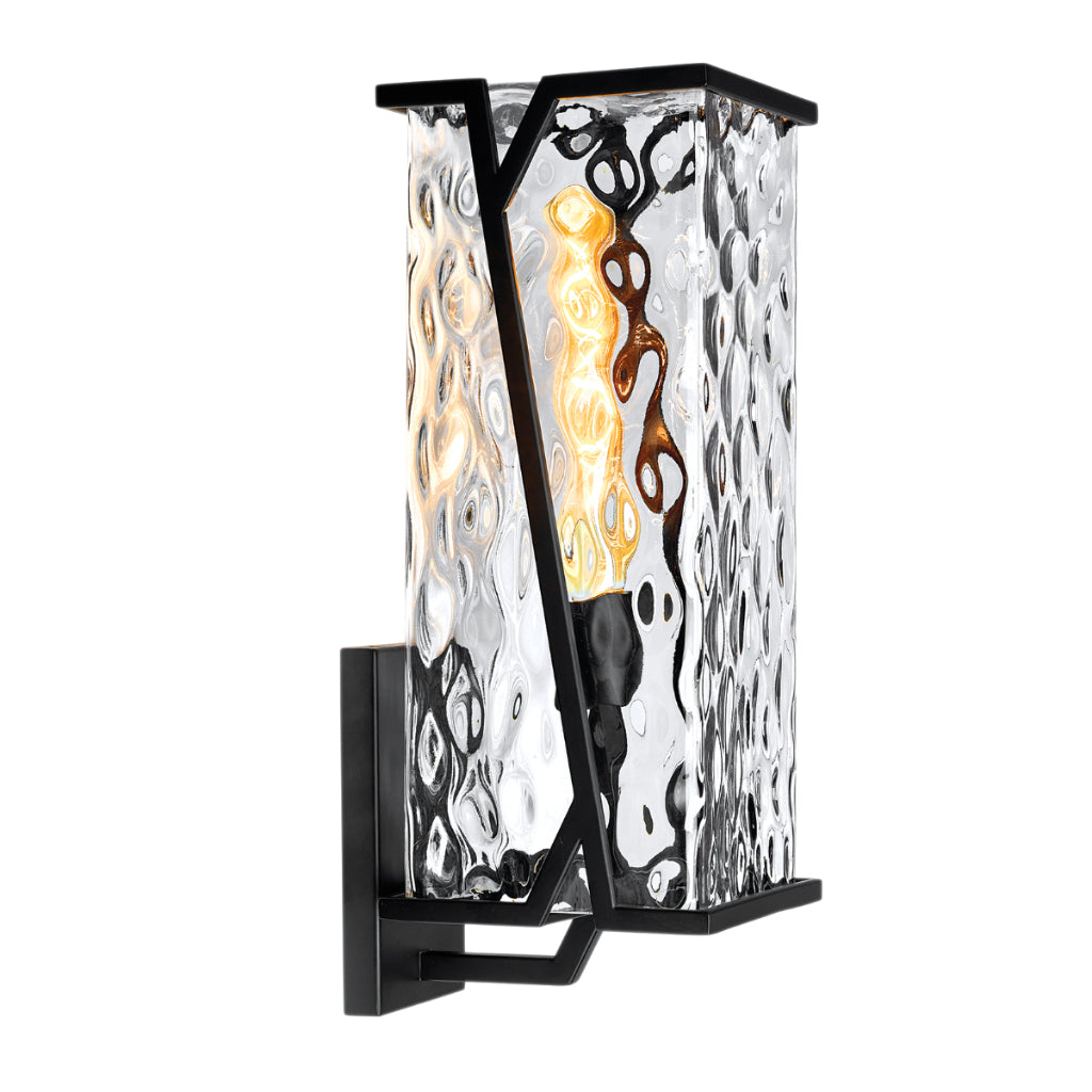 Norwell Lighting Waterfall 1-Light Matte Black Steel Large Outdoor Wall Light With Rectangle Clear Wavy Glass Shade