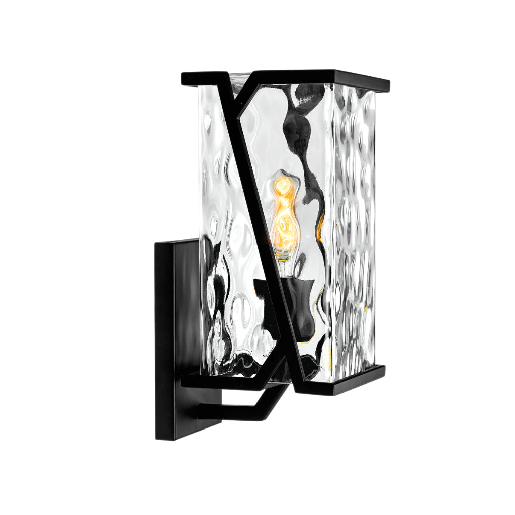 Norwell Lighting Waterfall 1-Light Matte Black Steel Small Outdoor Wall Light With Rectangle Clear Wavy Glass Shade