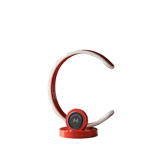Ore International 13"H Modern C Shape LED Touch Dimmer Bright Red Table Lamp With USB Wireless Charger Port