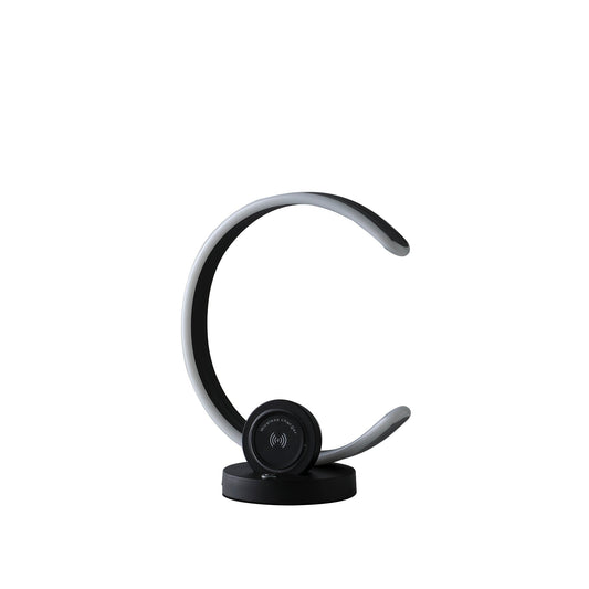 Ore International 13"H Modern C Shape LED Touch Dimmer Matte Black Table Lamp With USB Wireless Charger Port