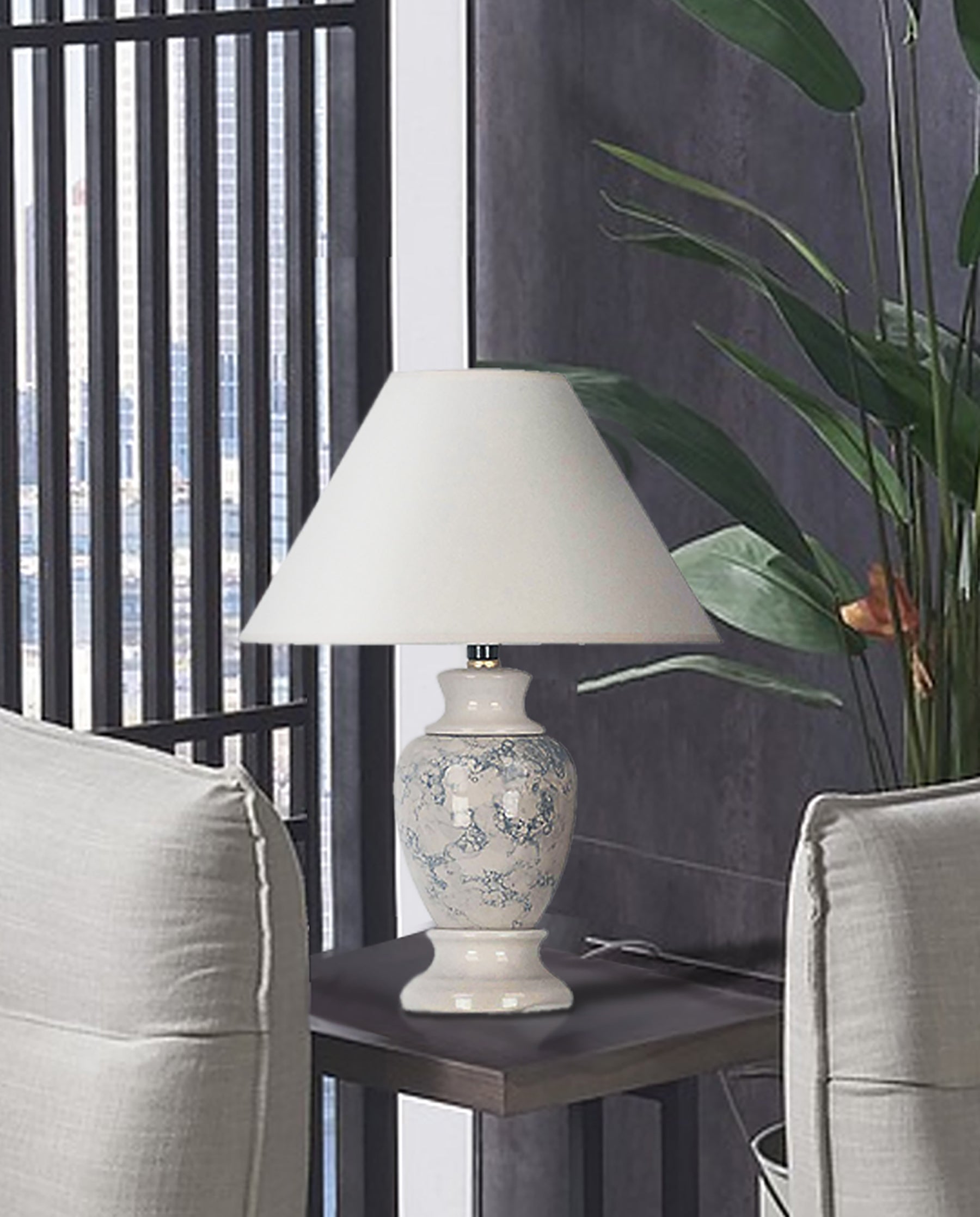 Ore International 13"H Urn-Shaped Ceramic Table Lamp In Ivory With A Marble Texture
