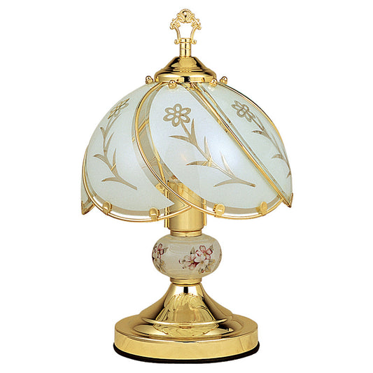 Ore International 14" Floral Etched White Touch-On Brass Table Lamp