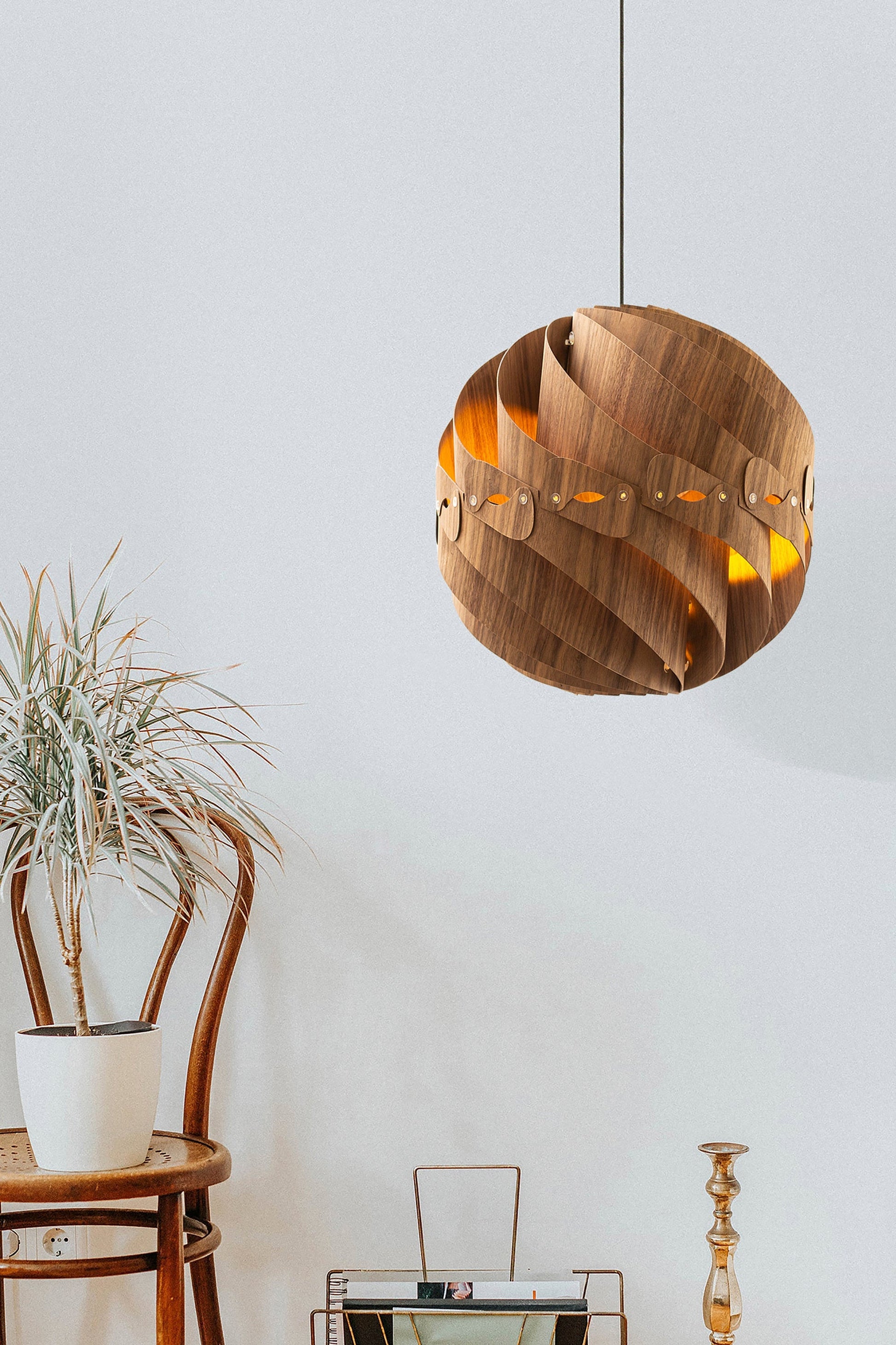 Ore International 14"H Cosmo Walnut Wood Round Hardwired Pendant Light