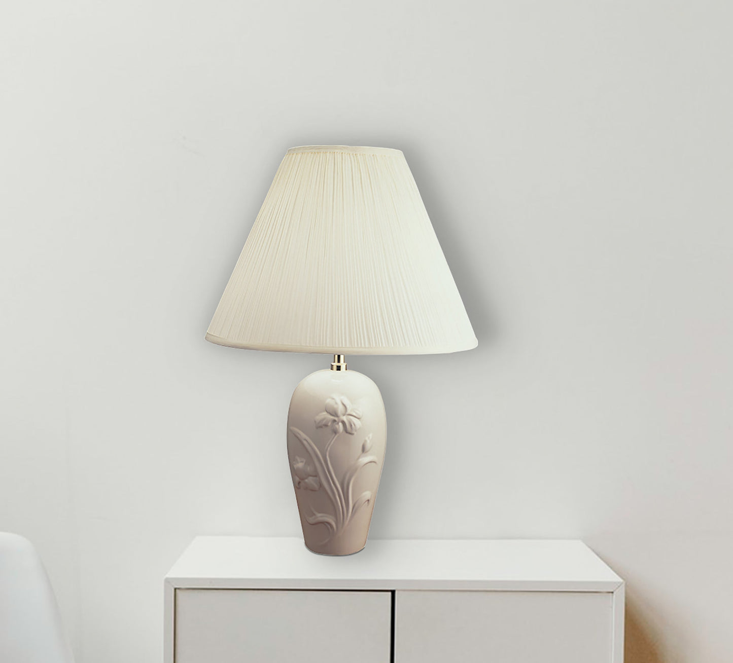 Ore International 26"H Ceramic Table Lamp In Ivory With Floral Embossed Decor