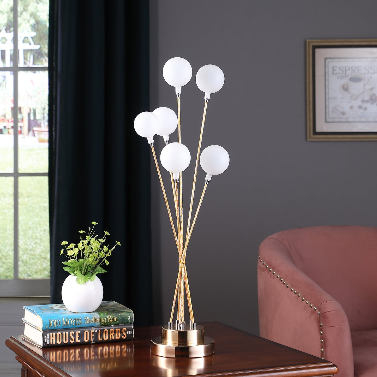 Ore International 28"H 6-Light Acrylic Globe Aluminun LED Chrysanthe Yellow Gold Metal Table Lamp