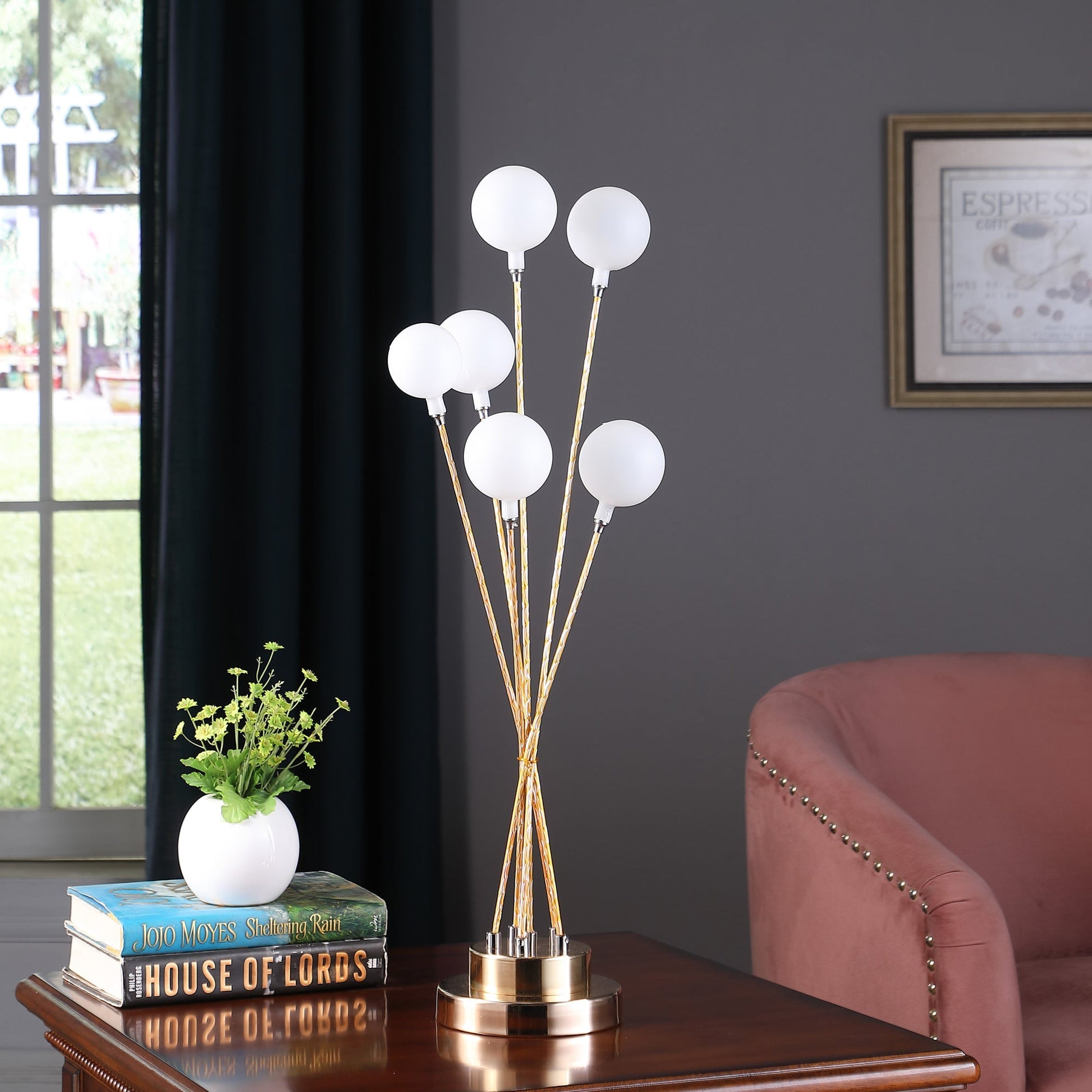 Ore International 28"H 6-Light Acrylic Globe Aluminun LED Chrysanthe Yellow Gold Metal Table Lamp