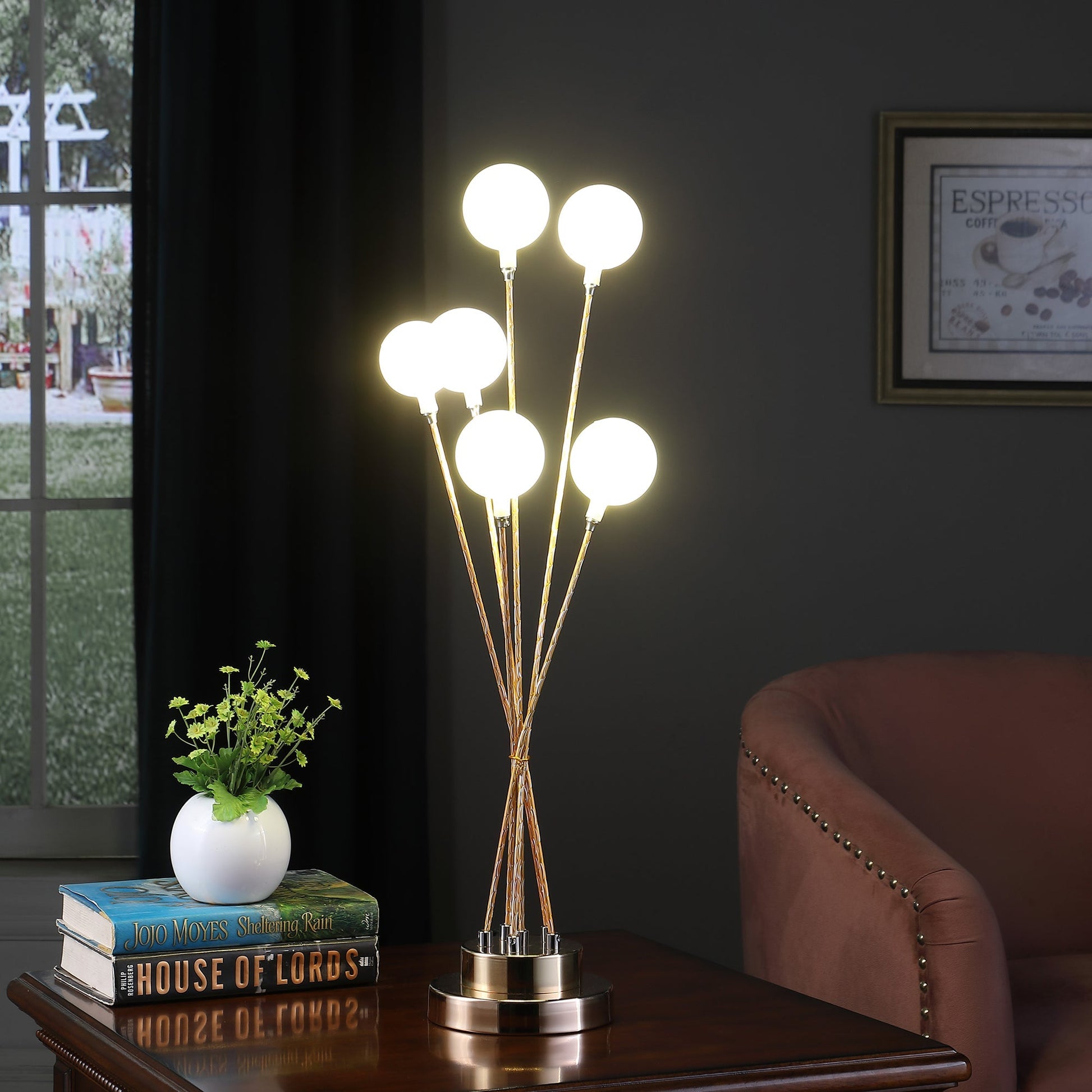 Ore International 28"H 6-Light Acrylic Globe Aluminun LED Chrysanthe Yellow Gold Metal Table Lamp