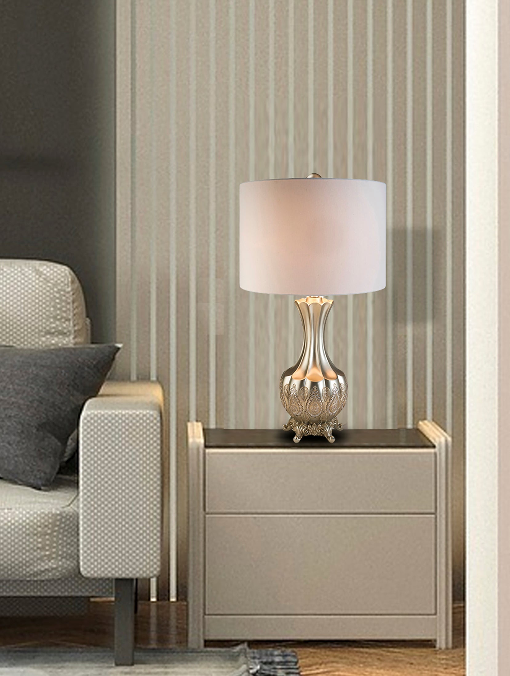 Ore International 30"H Royal Silver And Metallic Gold Paisley Table Lamp On Chippendale Footed Legs