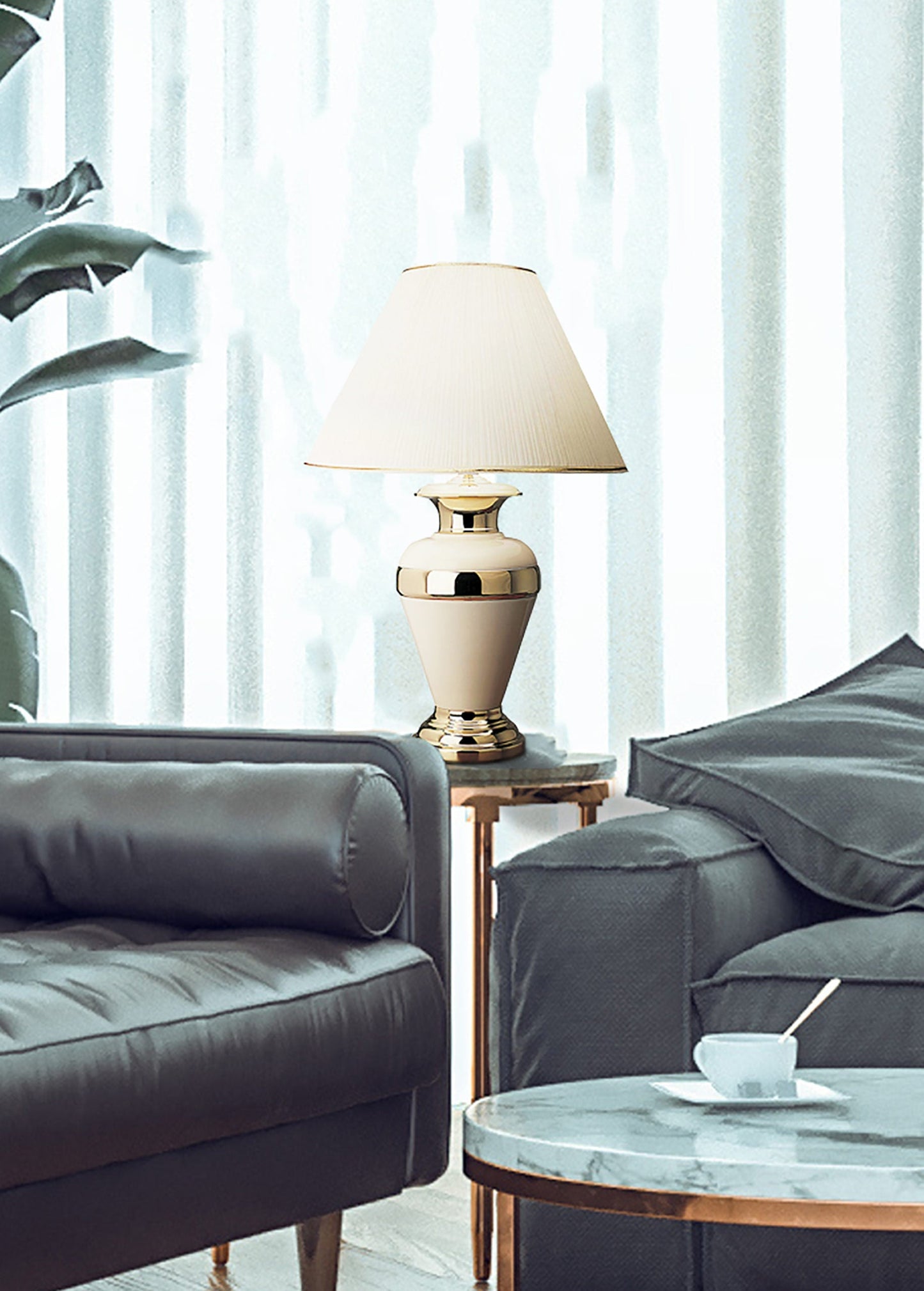Ore International 32"H Gold Banded Ivory Metal Table Lamp