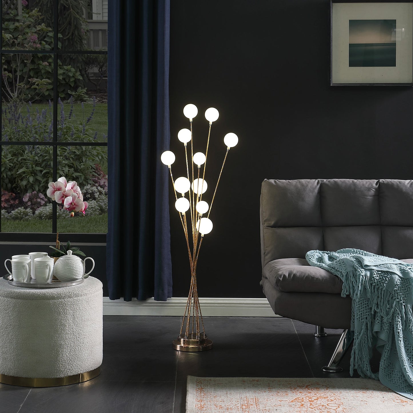 Ore International 46"H 11-Light Acrylic Globe Aluminum LED Chrysanthe Yellow Gold Metal Floor Lamp